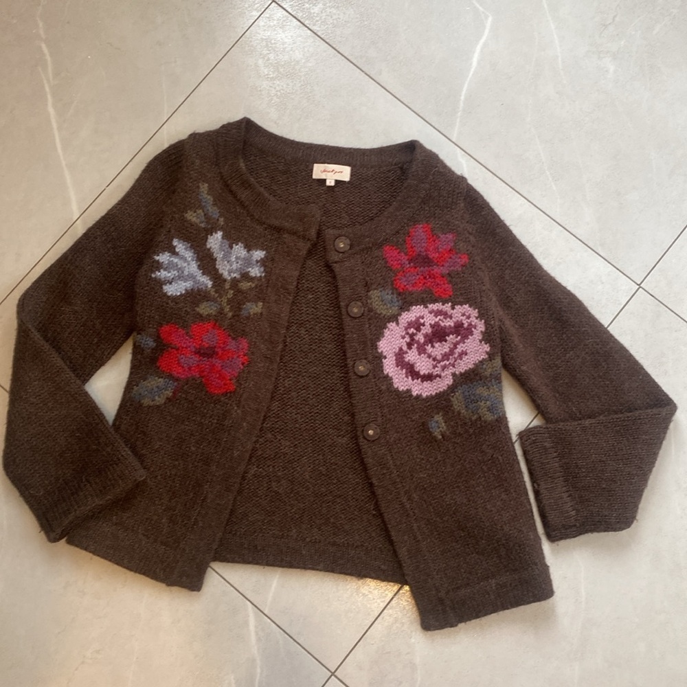 Jackpot wool blend button down Brown cardigan w large floral print Size Small - Picture 10 of 16